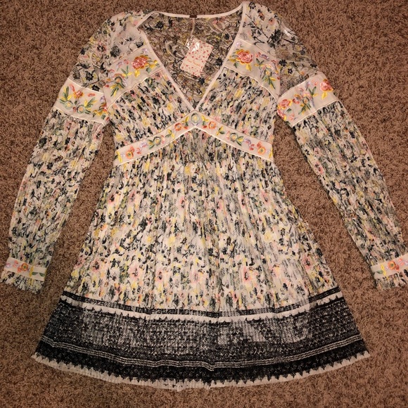 knee length dresses for ladies Free People Red Floral Mini Dress with Lace Trim, Open Back and Balloo   The Thrifty Hippy